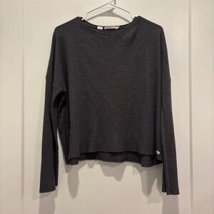 Double Agent Women Charcoal Grey‎ Waffle Knit Thermal Cropped Long Sleeve Top L